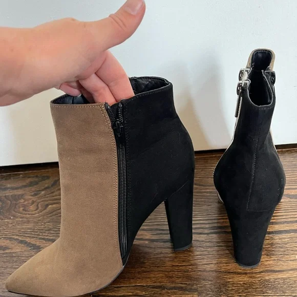 Shoe Dazzle Diane Tan Cream Black Heeled Boots booties size 9 zipper suede - Picture 7 of 10